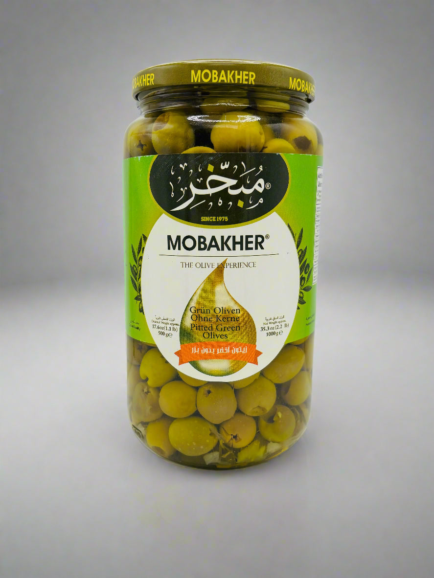 Mobakher Pitted Green Olives, 1000 Grams