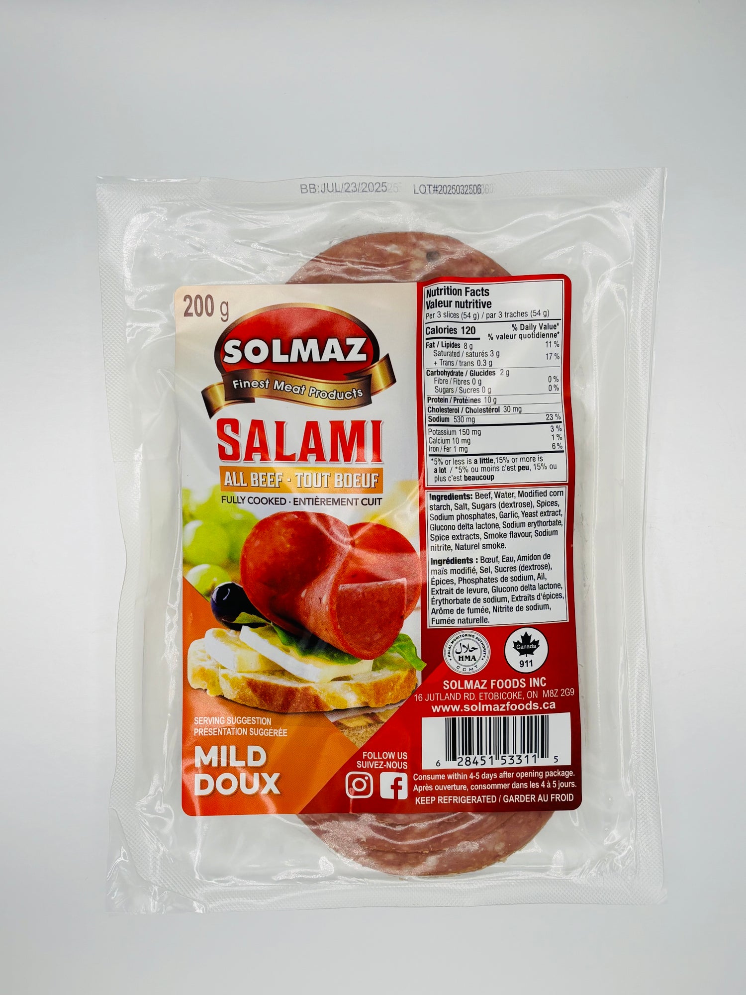 Solmaz Sliced Salami, All Beef, Mild Hot, 200 Grams